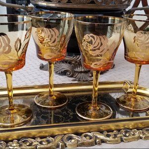 Toscany 4 Amber Stemware with Gold Rose Design